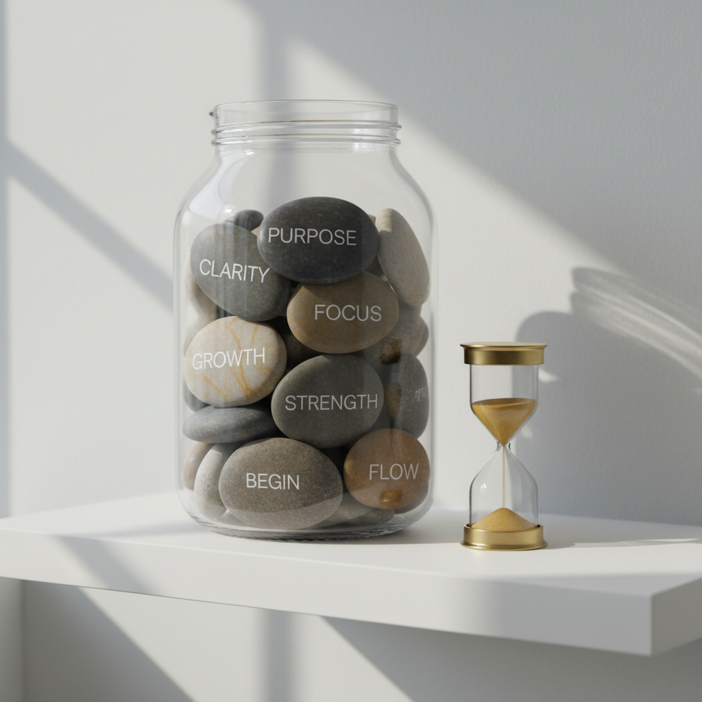 A large, clear glass jar filled with smooth river stones in muted grays and soft earth tones, each stone engraved with a single simple word like “purpose,” “clarity,” or “growth,” arranged on a minimalist white shelf. Beside the jar rests a small sand hourglass with fine golden sand halfway through its fall, symbolizing time and intentional change. Soft, diffused daylight from a nearby window casts gentle, elongated shadows and subtle reflections on the glass. The background is an uncluttered light-gray wall that fades into a soft blur. Captured from a slightly elevated angle with centered composition and shallow depth of field, the photographic image feels calm, reflective, and grounded, perfectly suited to a professional coaching environment focused on direction and mental fitness.