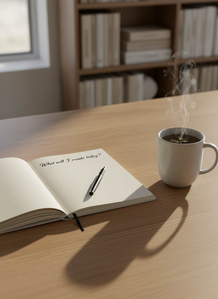 A neatly organized wooden desk with a smooth, warm oak surface, holding an open linen-textured notebook with a single clear, handwritten question at the top and plenty of blank space below. A fine black pen rests diagonally across the page, and a ceramic mug of herbal tea sits to one side, releasing a gentle wisp of steam. In the background, a softly blurred bookshelf with neutral-toned spines suggests knowledge and reflection. Gentle late-morning natural light streams in from an unseen window, creating calm highlights on the notebook and subtle shadows across the desk. Photographed at eye level with a shallow depth of field, the scene feels quiet, spacious, and contemplative, embodying clarity, mental focus, and a fresh start in a clean, modern, photographic realism style.