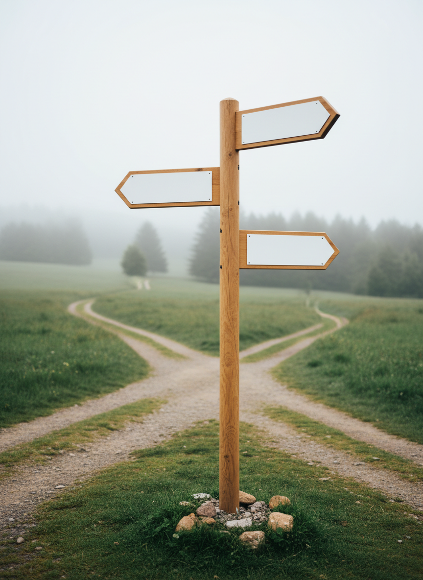 A branching wooden signpost made of smooth, lightly weathered maple, standing at a quiet crossroads where three narrow paths diverge through a misty, green landscape. Each arm of the sign points in a different direction, with clean, blank white panels ready for words, symbolizing open choices and new directions. The ground is covered with soft moss and small stones, adding texture and depth. Soft overcast lighting gently blankets the scene, reducing harsh shadows and creating a serene, introspective mood. Photographed in photographic realism from a low, slightly angled perspective that looks up at the signpost, the composition uses the rule of thirds and a moderate depth of field so the paths gradually blur into the distance, evoking possibility and thoughtful decision-making.